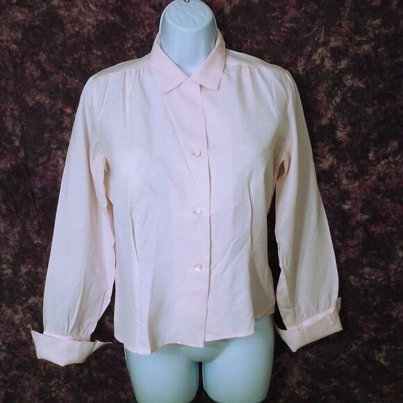 Vintage 60s Blouse Fitted Top Lady-10/12 Collar Semi-Sheer Cufflink Surgeon LSL - Picture 1 of 12